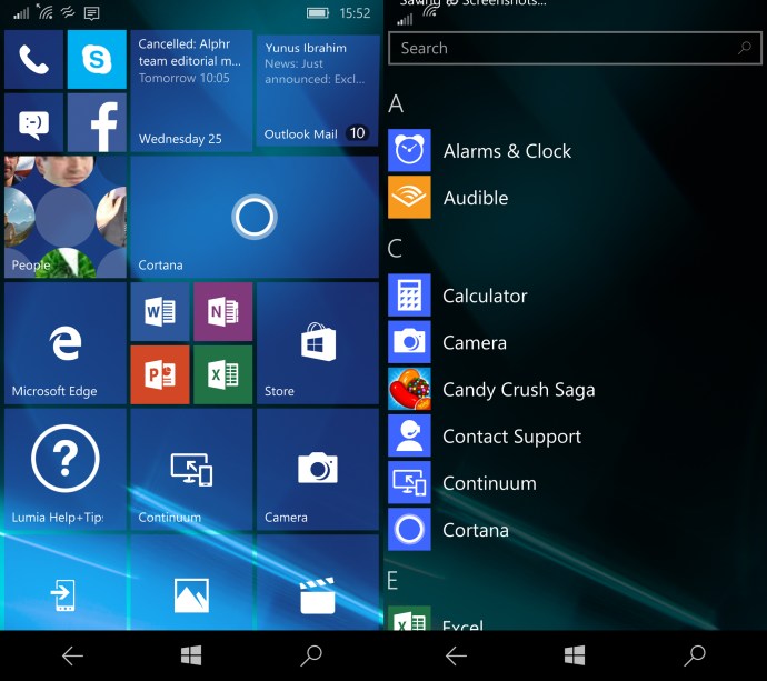 Examen de Windows 10 Mobile : écran d'accueil et menu de toutes les applications