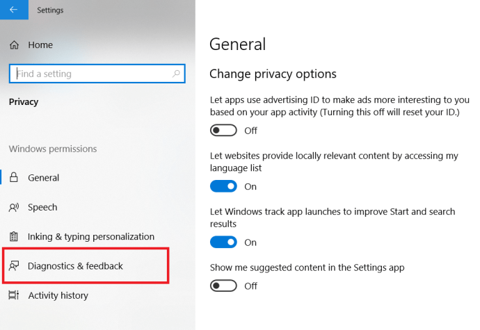 Windows 개인 정보 메뉴