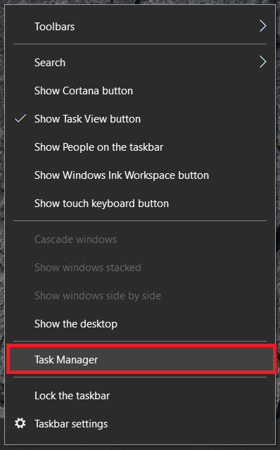 Menu de la barre des tâches de Windows 10